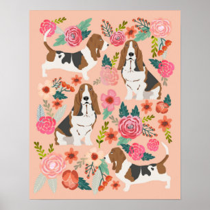 Poster Basset Hound Florals - Chien Art