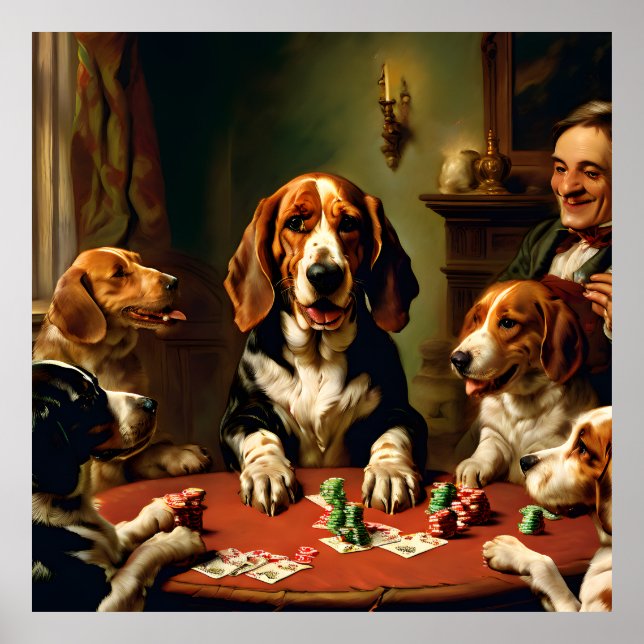 Poster Basset Hound Jouer Poker Portrait Vintage (Devant)