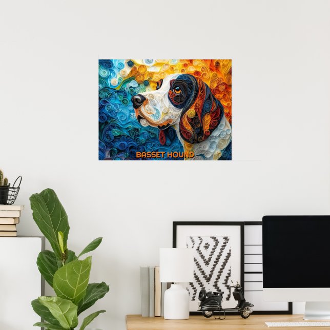 Poster Basset Hound Papier Quitter Art Chien Portrait (Bureau à domicile)