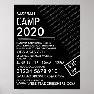 Poster Bat de baseball noir et blanc, Camp de baseball Ad