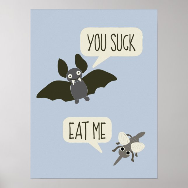 Poster Bat drôle et Mosquito Cartoon bleu clair (Devant)