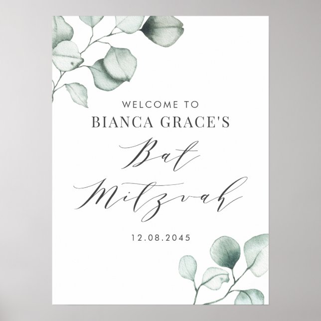 Poster Bat mitzvah minimaliste d'aquarelle Eucalyptus (Devant)