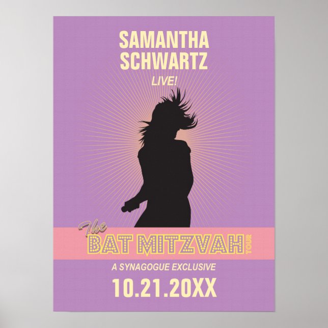 Poster Bat mitzvah Rock Star - Rose violet (Devant)