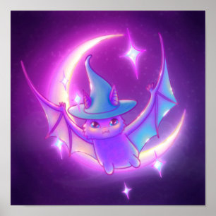 Poster Bat Witch Crescent Moon Stars Art