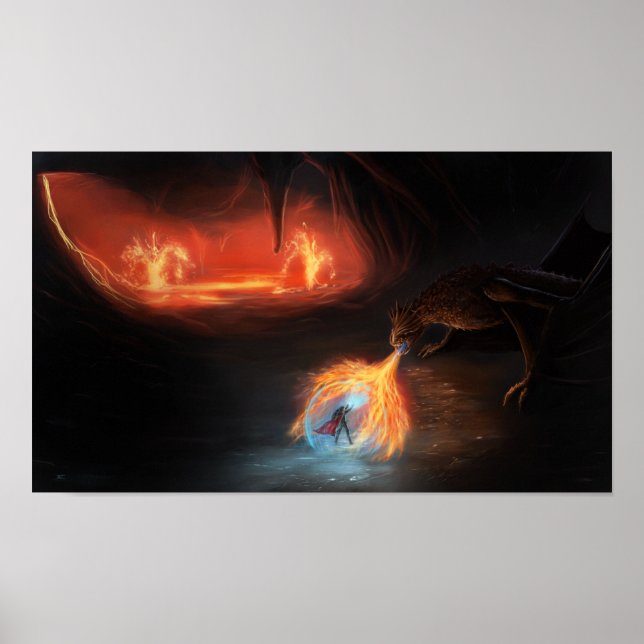 Poster Bataille de dragon de Badass dans une grotte (Devant)