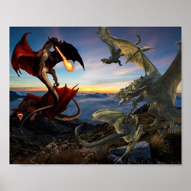 Poster Bataille fantastique de dragons rouges et verts (Devant)