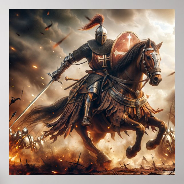 Poster Bataille majestueuse de chevalier médiéval aux ton (Devant)