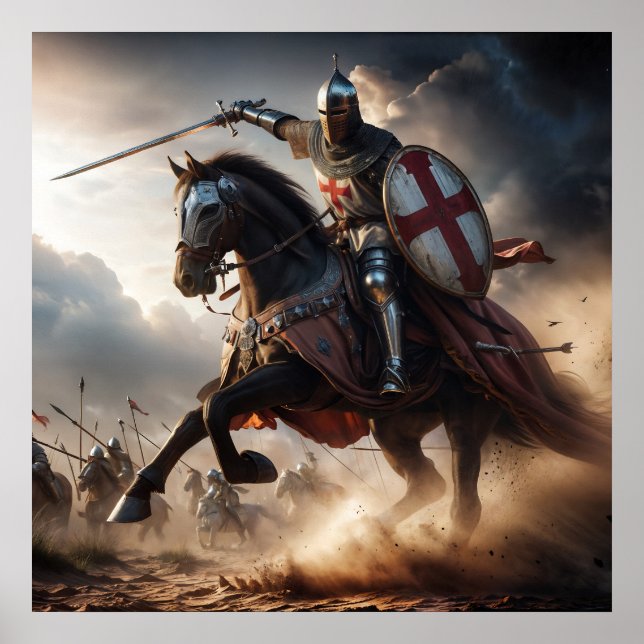 Poster Bataille médiévale réaliste de chevalier rouge (Devant)