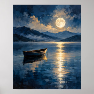 Poster Bateau à rames en bois serein Reflet de lune