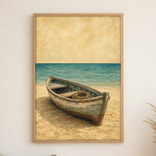 Poster Bateau à rames sur l'affiche d'art côtier à l'aqua