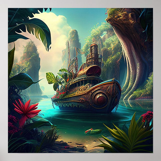 Poster Bateau à vapeur dans un réalisme magique de jungle (Devant)