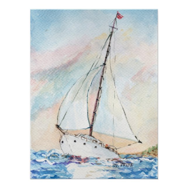Poster Bateau à voile à Sea Fine Art peinture aquarelle (Devant)