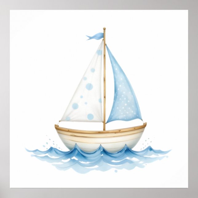 Poster Bateau à voile aquarelle bleu et blanc – Naissance (Devant)