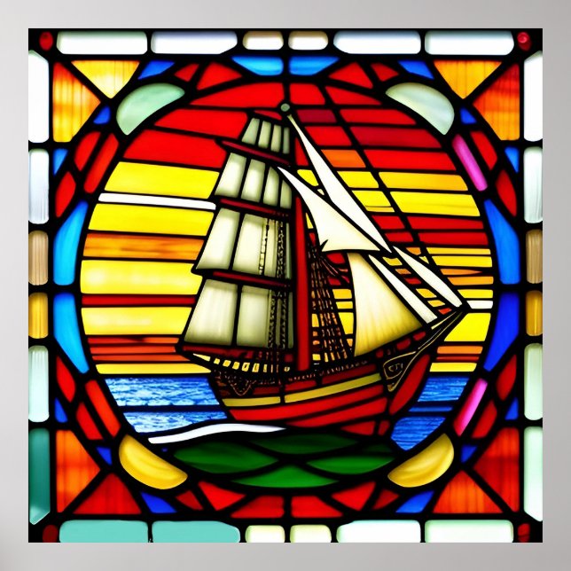 Poster Bateau à voile au-dessus des vagues océaniques (Devant)