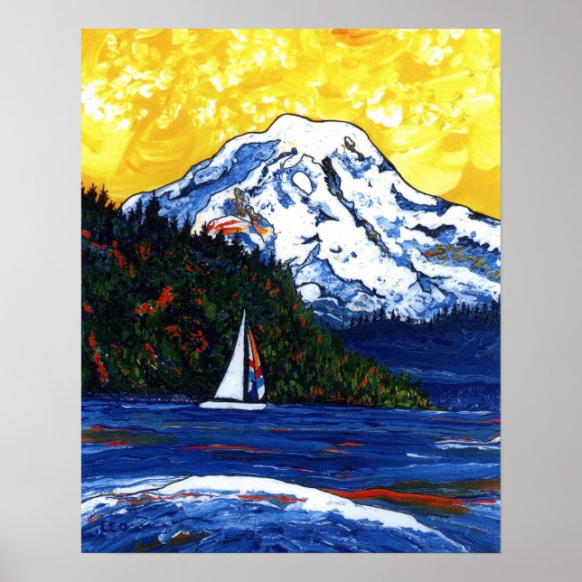 Poster Bateau à voile avec le Mont Rainier (Devant)