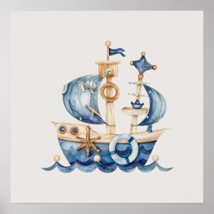 Poster Bateau à voile bébé garçon bleu nautical