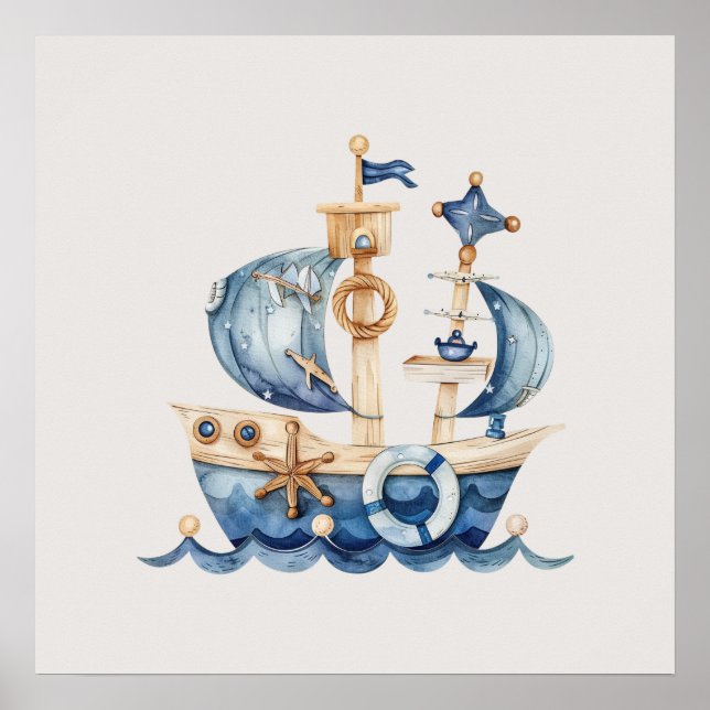 Poster Bateau à voile bébé garçon bleu nautical (Devant)
