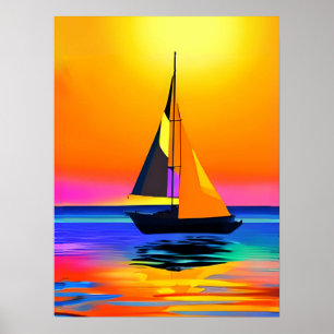 Poster Bateau à voile contre un coucher de soleil sur l'o