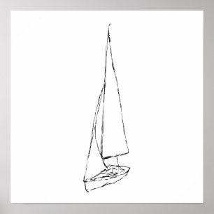 Poster Bateau à voile. Croquis en noir et blanc.