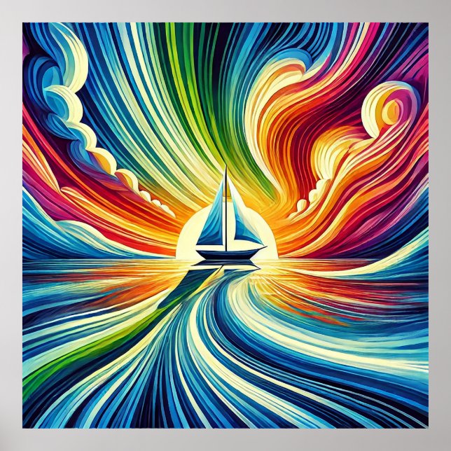 Poster Bateau à voile dynamique au coucher du soleil (Devant)