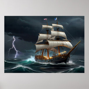 Poster Bateau à voile et éclair