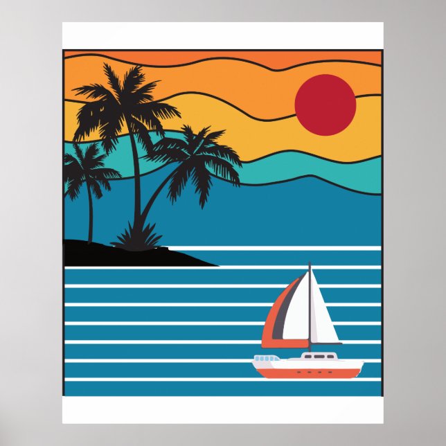 Poster Bateau à voile rétro 80s les années 70 Style Batea (Devant)