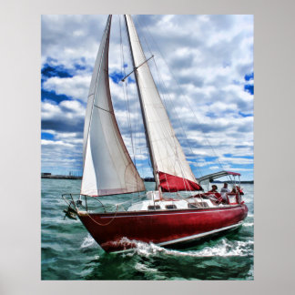 Poster Bateau à voile rouge, Ciel bleu, Mer verte