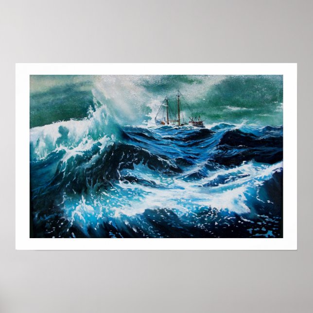 Poster Bateau dans la mer dans la tempête (Devant)