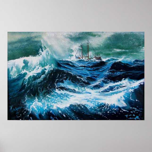 Poster Bateau dans la mer dans la tempête (Devant)