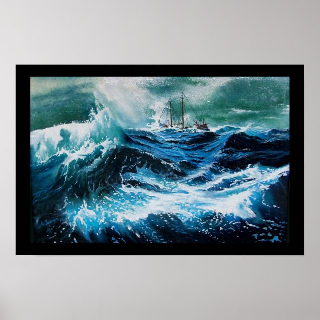Poster Bateau dans la mer dans la tempête (Devant)