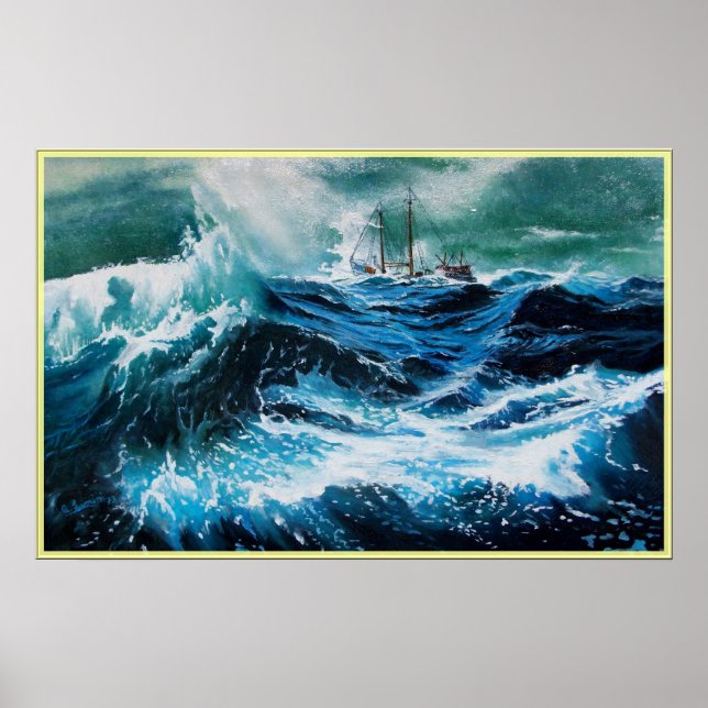 Poster Bateau dans la mer dans la tempête (Devant)