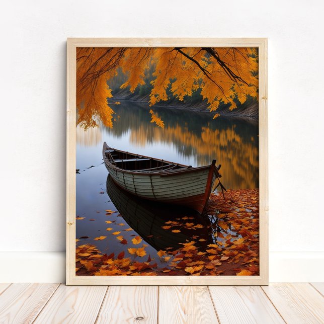 Poster Bateau d'automne sur la rivière Tranquil Wall Art (Autumn Boat on a Tranquil River Wall Art in a neutral wooden frame on the floor)