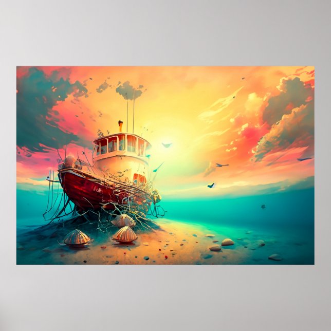 Poster Bateau de crevettes au coucher du soleil (Devant)