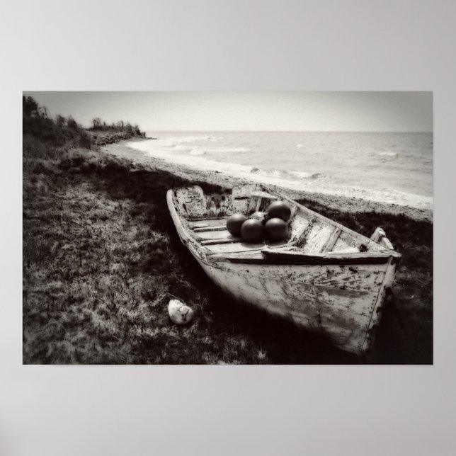 Poster Bateau de pêche noir et blanc (Devant)