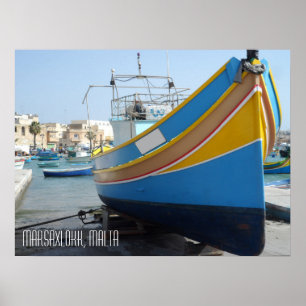Poster Bateau de pêche rayé traditionnel Marsaxlokk Malte