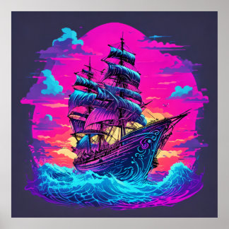 Poster Bateau de pirates colorés