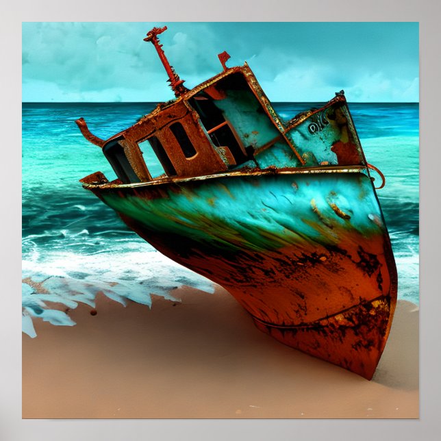 Poster Bateau déserté sur une plage de sable (Devant)