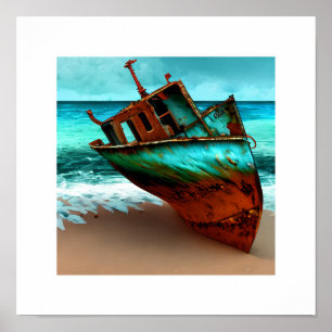 Poster Bateau déserté sur une plage de sable