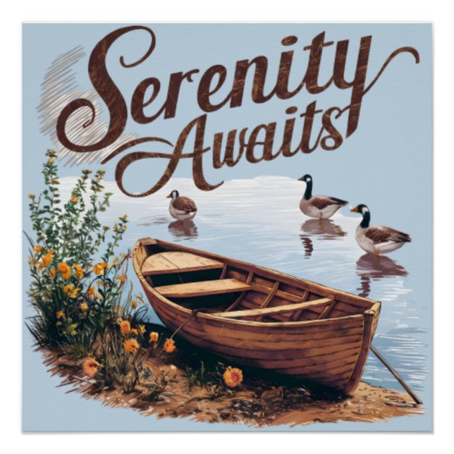 Poster Bateau du lac Serene avec oies et Fleurs sauvages (Devant)