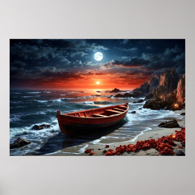 Poster Bateau en bois en bord de mer (Devant)