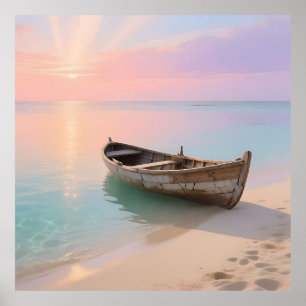 Poster Bateau en bois sur la plage tropicale au coucher d
