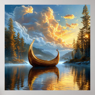 Poster Bateau inspiré des Vikings dorés reposant sur le l