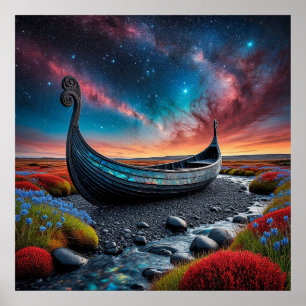 Poster Bateau long Viking sur un paysage vibrant