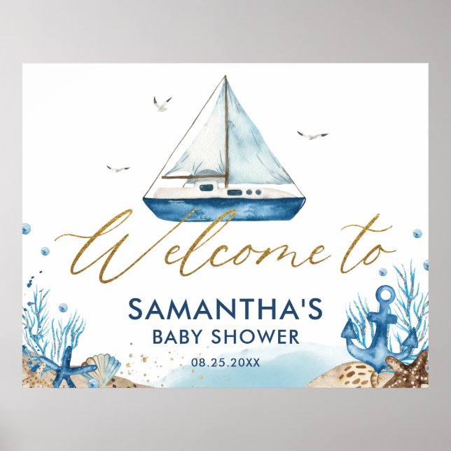 Poster Bateau nautique Hampton Gold Baby shower Bienvenue (Devant)