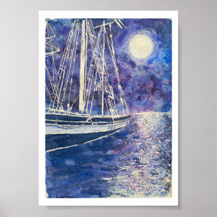 Poster Bateau pirate au clair de lune