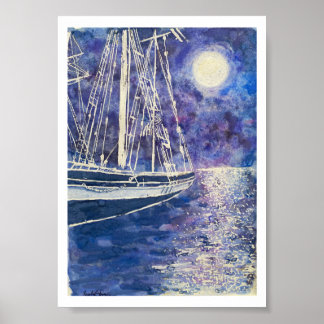 Poster Bateau pirate au clair de lune
