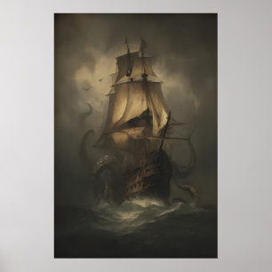 Poster Bateau pirate Kraken, Peinture de pieuvre géante,