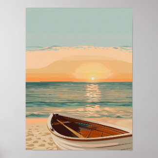 Poster Bateau plage au coucher du soleil
