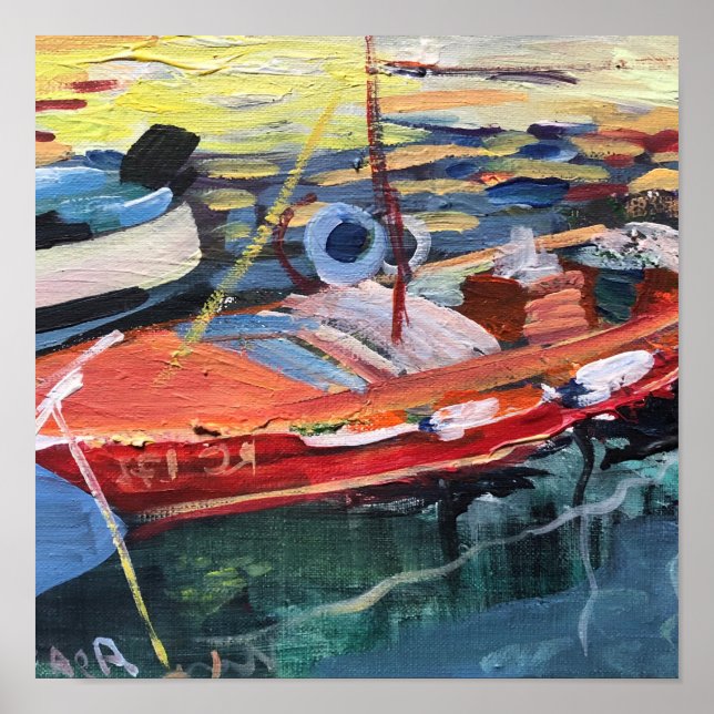 Poster Bateau rouge à peinture moderne dans la mer (Devant)