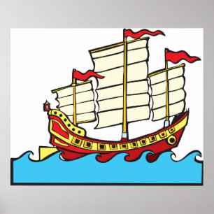 Poster Bateau traditionnel chinois rouge de type jonque s